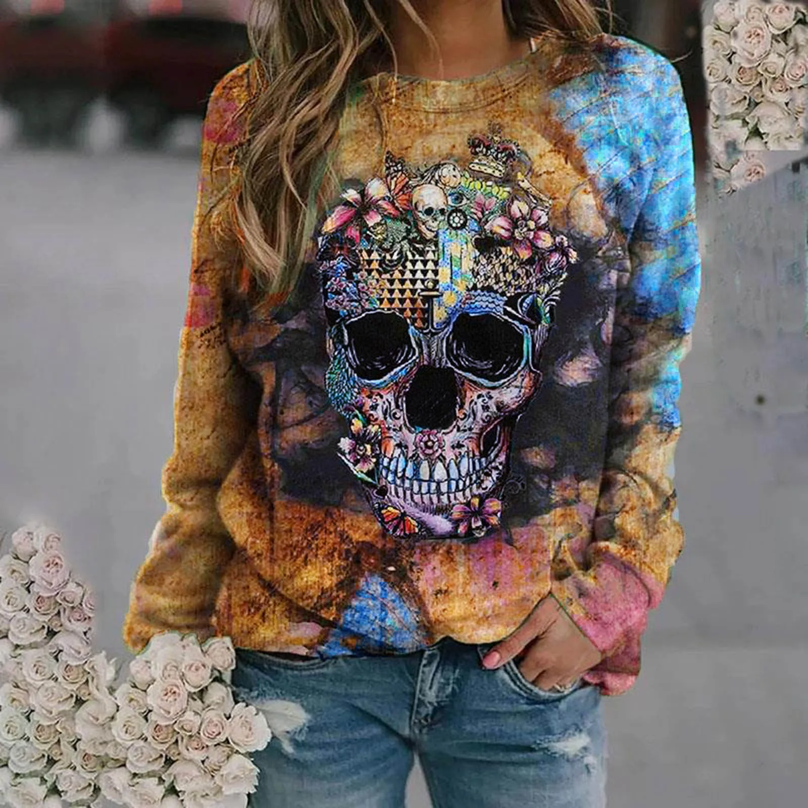 

Winter women's casual mixed cotton женские ђболки skull print fashionable and comfortable O-neck long-sleeved T-shirt top F04*